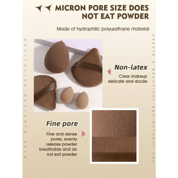 A product label showing a makeup sponge applicator set made of hydrophilic polyurethane material with fine pores.