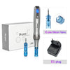 Dr. pen microneedling device shown with packaging and accessories including silicone needles and an EU plug.