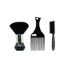 A set of black professional neck and facial hair duster brushes, including a wide duster and a fine comb.