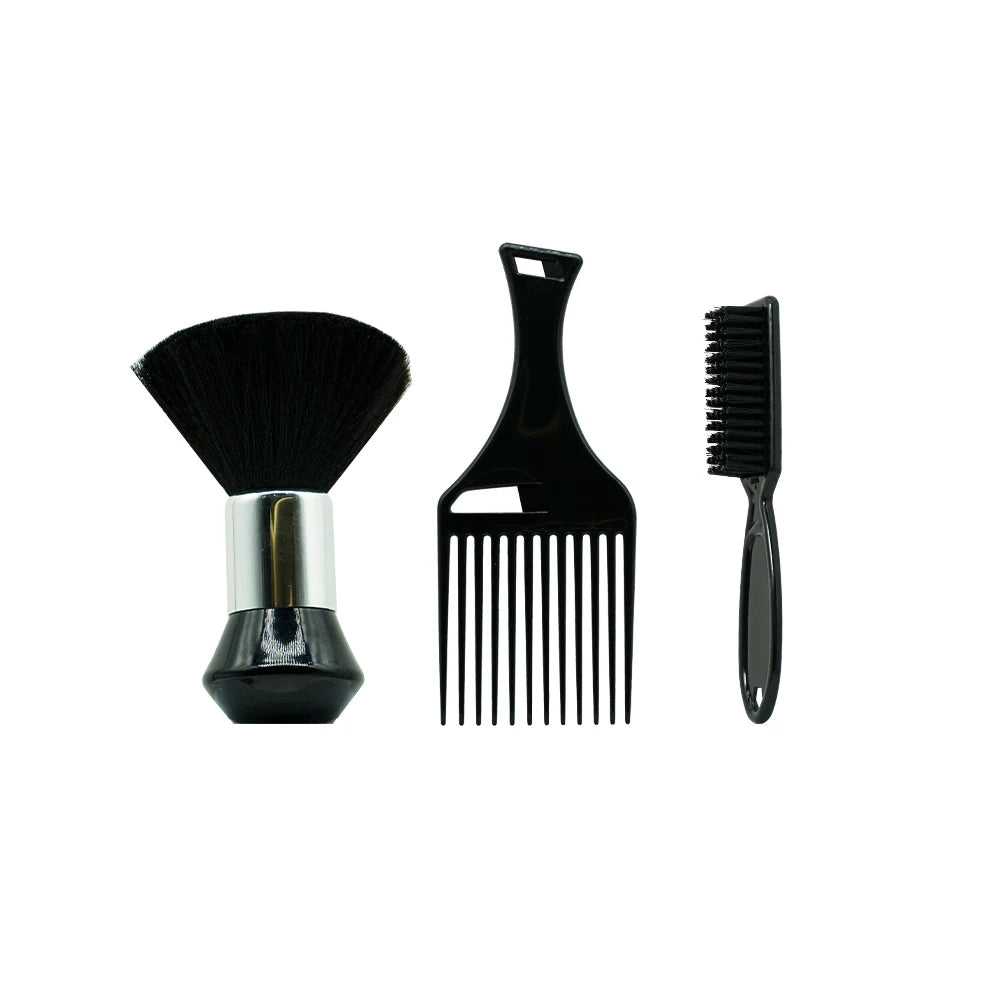 A set of black professional neck and facial hair duster brushes, including a wide duster and a fine comb.