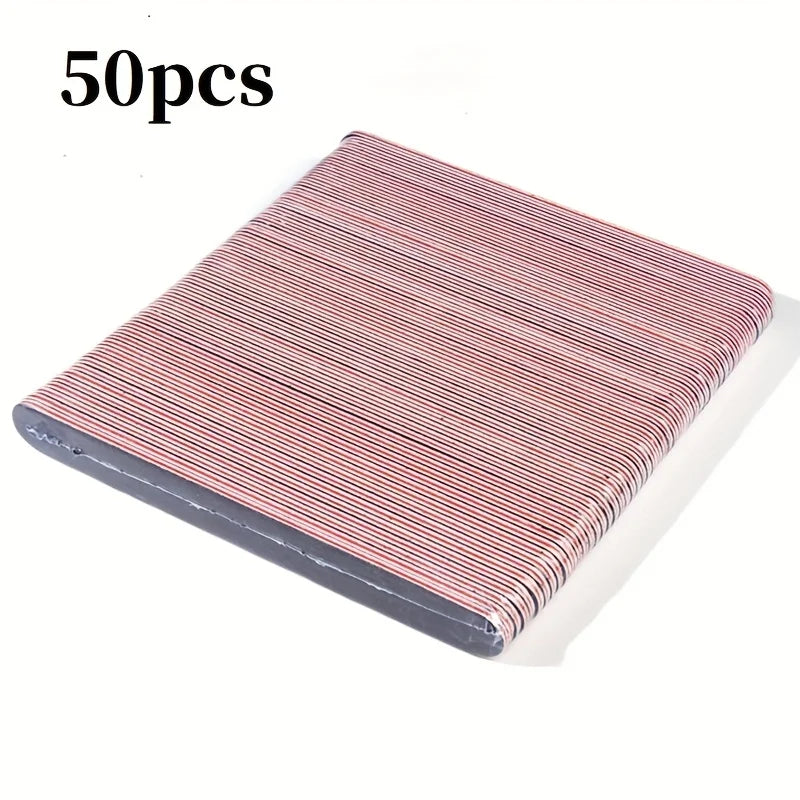 A rectangular dual-grit nail file with a pink and red striped surface is shown from above.