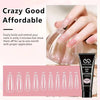 A hand shows a pink nail extension with a clear gel, demonstrating the application of a professional poly extension kit.