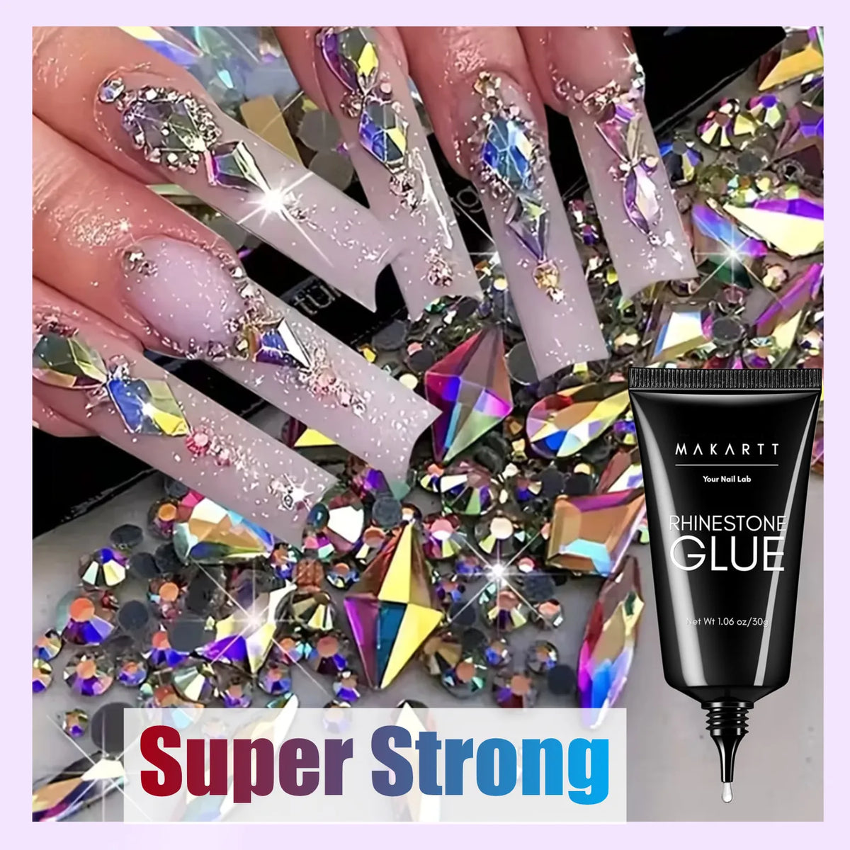 A close-up of long nails decorated with iridescent and silver rhinestones, next to a tube of Makart Rhinestone Glue.