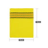 Yellow exfoliating body mitt with three black stripes, shown flat.