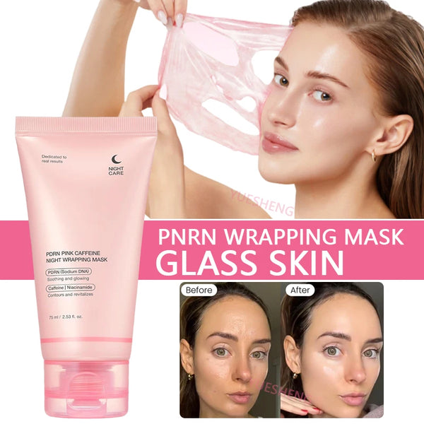 A bottle of PDRN wrapping mask in pink packaging shown next to a woman applying the mask to her face.