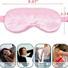 Masque de sommeil imitation soie rose montré dans divers contextes pour le sommeil, la sieste au bureau, les voyages et comme