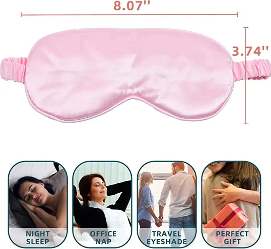 Masque de sommeil imitation soie rose montré dans divers contextes pour le sommeil, la sieste au bureau, les voyages et comme