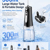 Klares 300ml großes, tragbares elektrisches Wasserstrahlgerät mit verschiedenen Funktionen und einem Glas Wasser.
