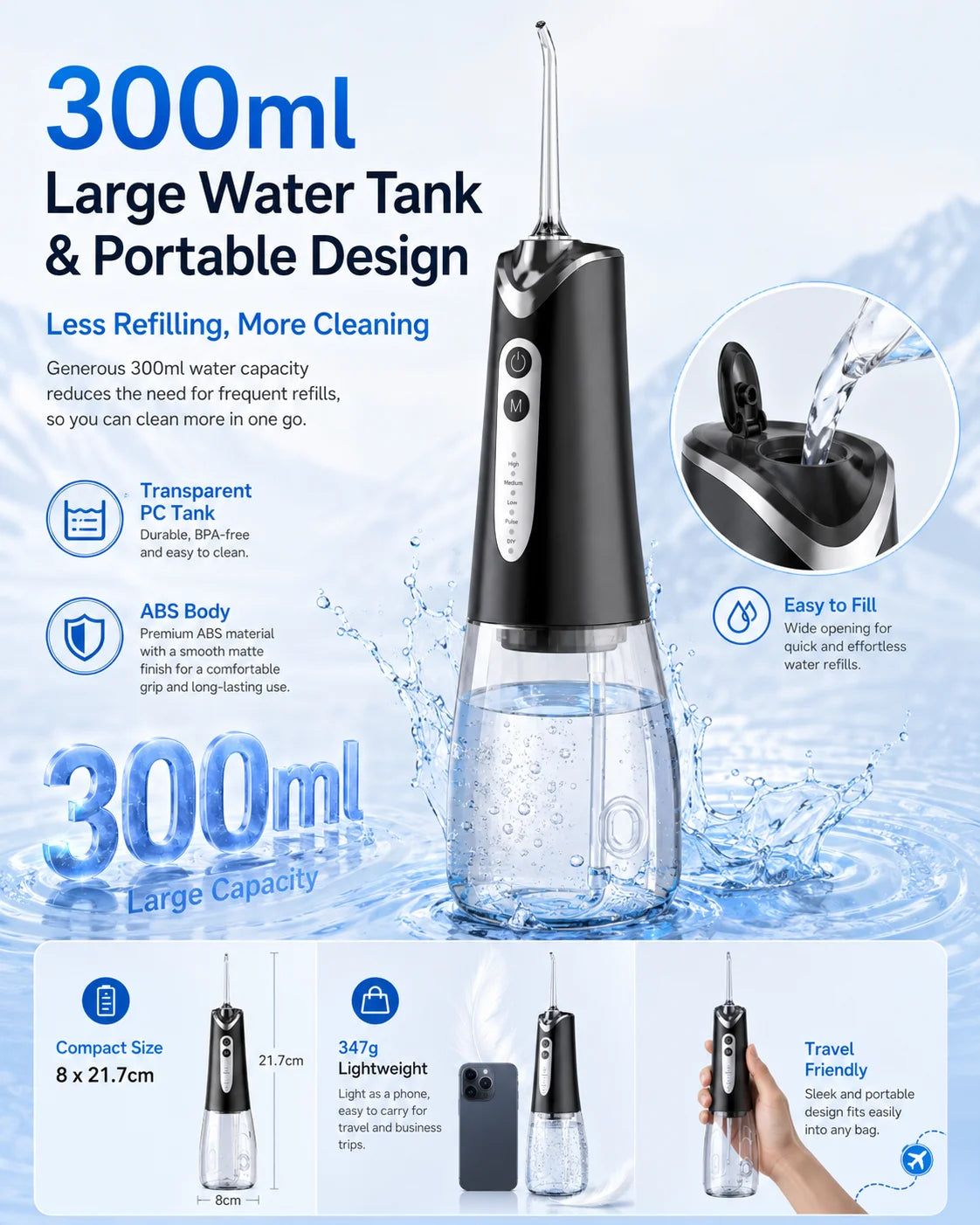 Klares 300ml großes, tragbares elektrisches Wasserstrahlgerät mit verschiedenen Funktionen und einem Glas Wasser.