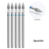 A set of five silver diamond nail drill bits with a blue tip, shown vertically and in a magnified view.