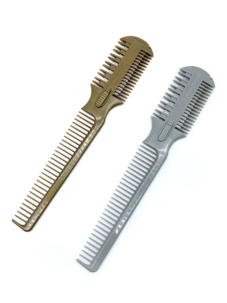 A pair of professional neck and facial hair duster brushes, one gold-toned and one gray.
