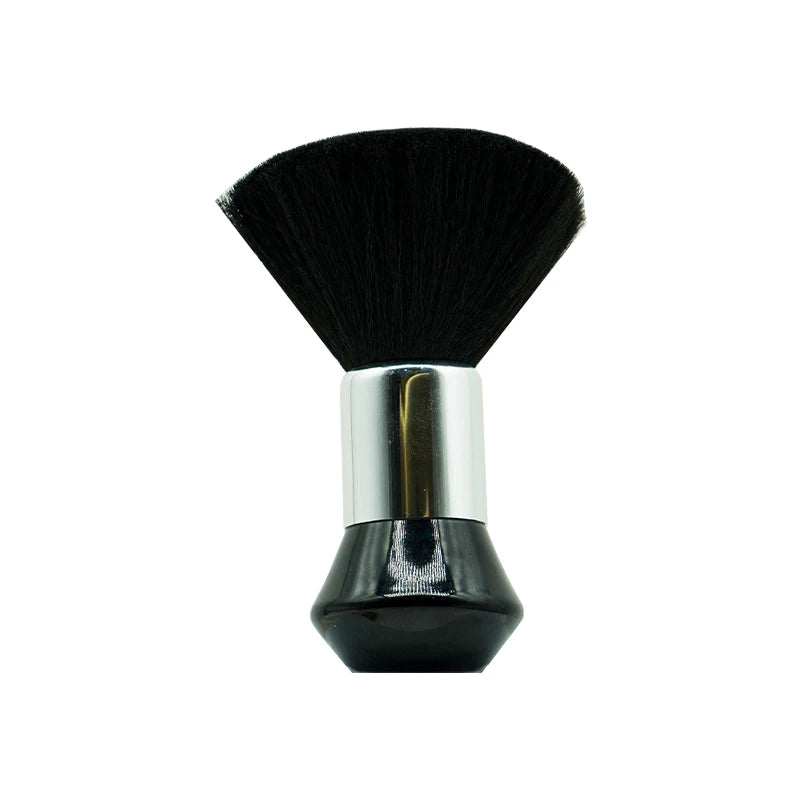 A black duster brush with a silver handle for professional neck and facial hair cleaning.