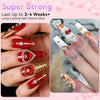 Close-up photo showing various long-lasting nail charms and rhinestone glue designs on fingernails.