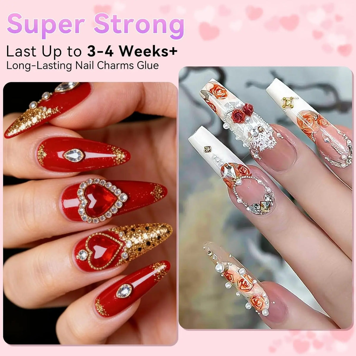 Close-up photo showing various long-lasting nail charms and rhinestone glue designs on fingernails.