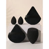 A set of five black triangular makeup sponges displayed on a white surface.