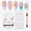 A collection of pink and clear nail gels for extensions and 3D nail art, including various shapes and designs.