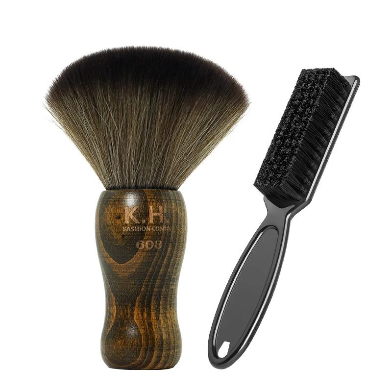 A wooden duster brush and a black rubber brush set for professional neck and facial hair grooming.
