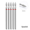 A set of five silver diamond nail drill bits with a conical tip, shown in a vertical arrangement.
