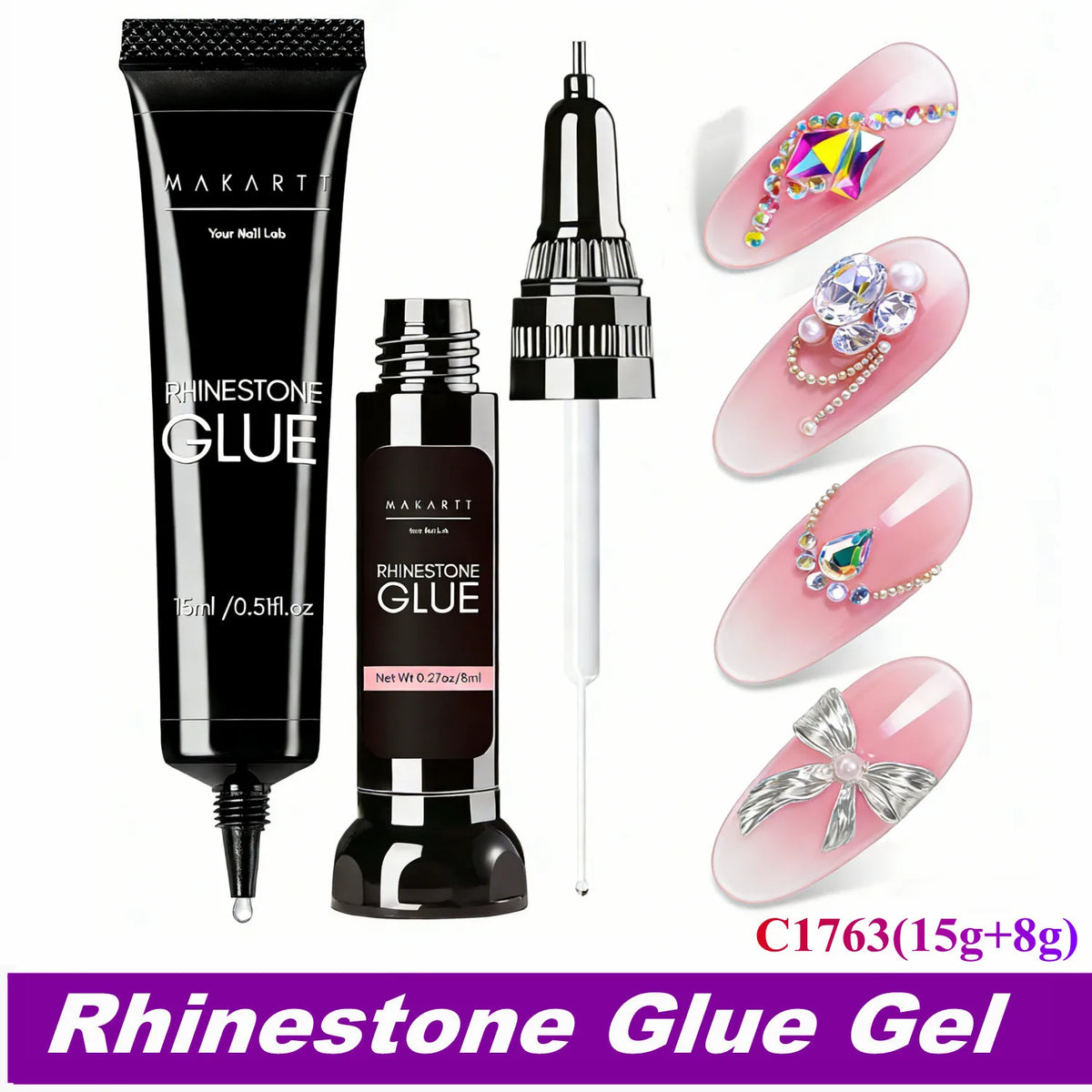 A tube of Rhinestone Glue Gel and a syringe applicator with several pink nails decorated with rhinestones