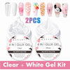 A kit containing clear and white 4-in-1 building gel nail art products for extensions and nail art