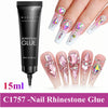 A tube of C1757 Nail Rhinestone Glue next to several manicured nails decorated with pink and iridescent rhinestones.