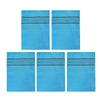 A set of five light blue exfoliating body mitts with black stripes.