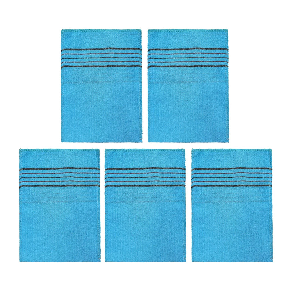 A set of five light blue exfoliating body mitts with black stripes.