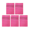 A set of five bright pink exfoliating body mitts with black stripes.