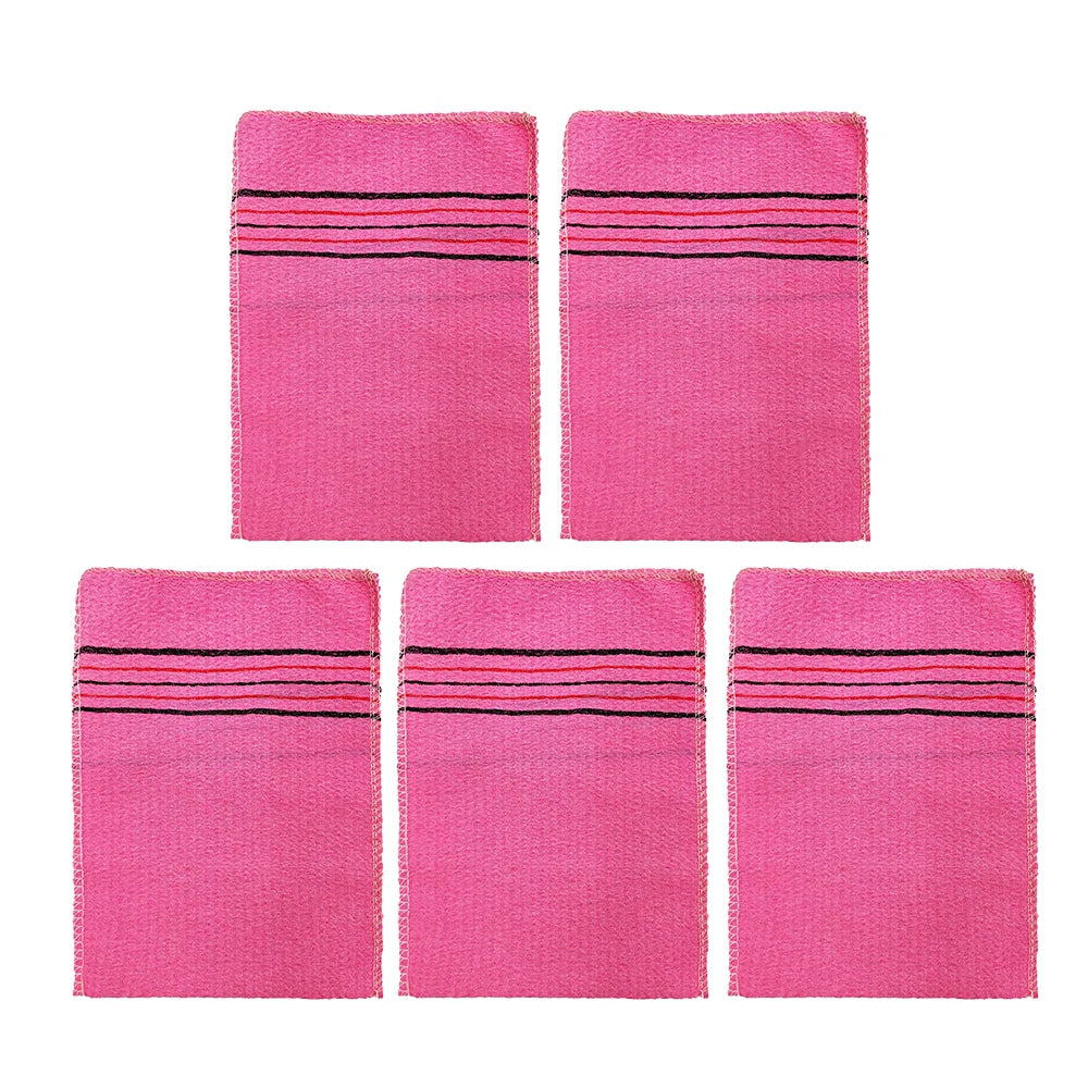 A set of five bright pink exfoliating body mitts with black stripes.