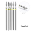 A set of five silver diamond nail drill bits with gold accents shown next to a magnified view.