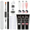 A kit of eight nail gel shades and tools for professional nail extensions featuring clear, nude, and pink colors.