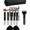 A black makeup brush set includes various brushes and a black applicator tool.