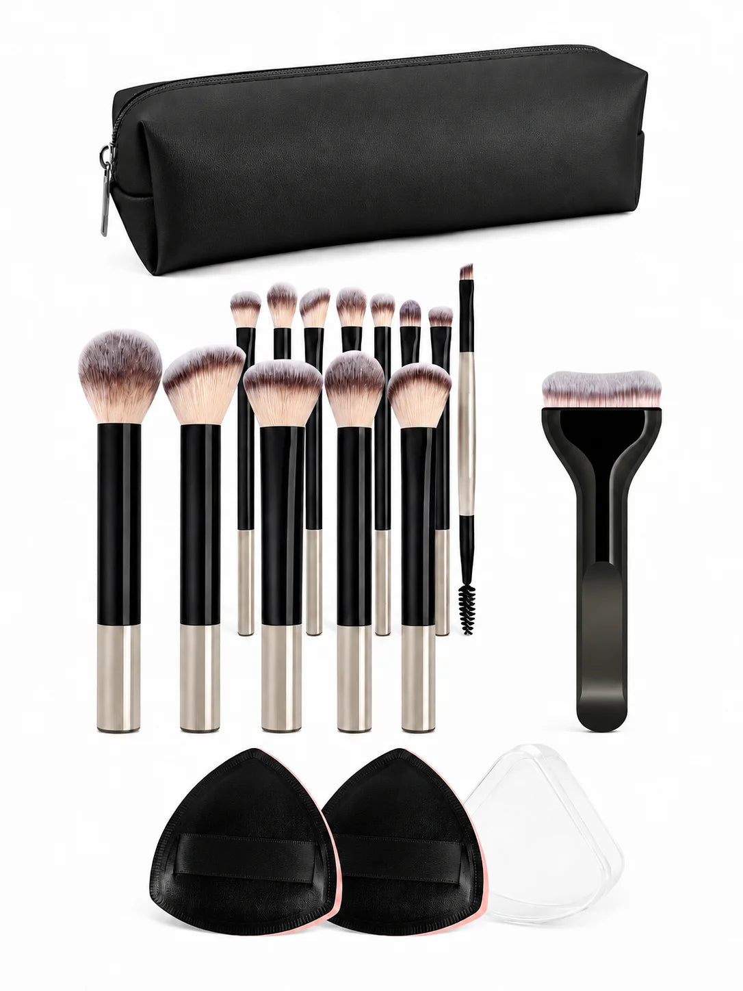A black makeup brush set includes various brushes and a black applicator tool.