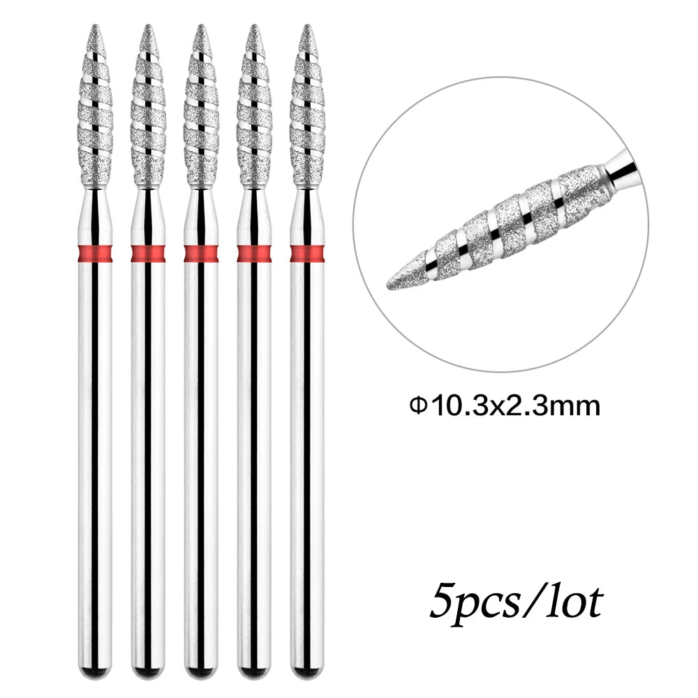 A set of five diamond nail drill bits with a 10.3mm diameter and 2.3mm length.