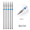 A set of five diamond nail drill bits with silver and blue accents shown in a circular inset.