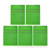A set of five bright green exfoliating body mitts laid out side by side.