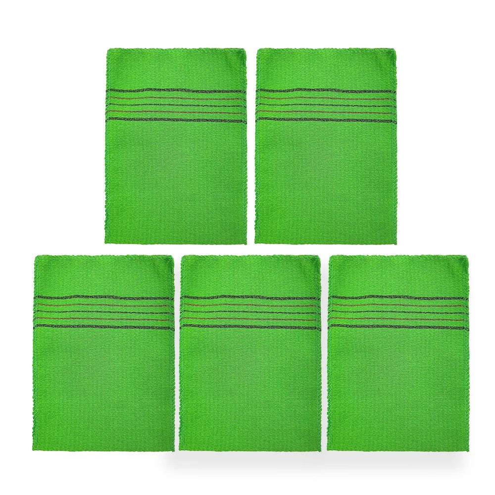 A set of five bright green exfoliating body mitts laid out side by side.