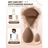 A set of wet and dry makeup products including powder, cushion, base cream, and liquid foundation.