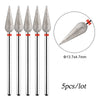 A set of five diamond nail drill bits with silver tips and red accents shown in various angles.