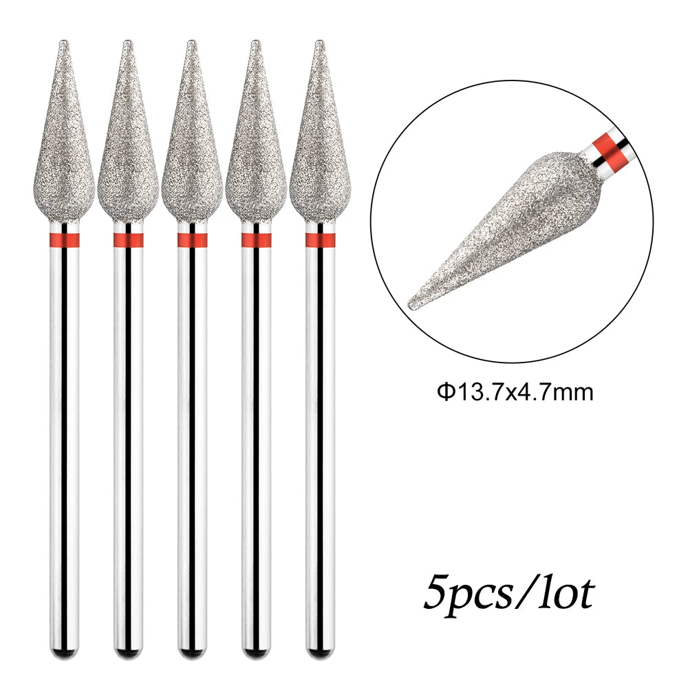 A set of five diamond nail drill bits with silver tips and red accents shown in various angles.