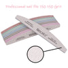 A professional nail file set with 150 grit files is shown, featuring various colored strips and a circular view of the file s