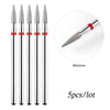 A set of five diamond nail drill bits with a silver and red tip, shown next to a magnified view.