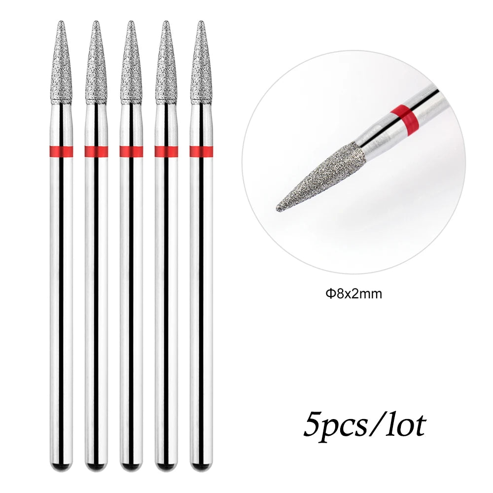 A set of five diamond nail drill bits with a silver and red tip, shown next to a magnified view.