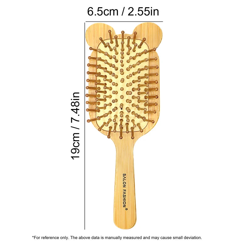 A wooden bamboo hair brush with numerous bristles for detangling and scalp massage.