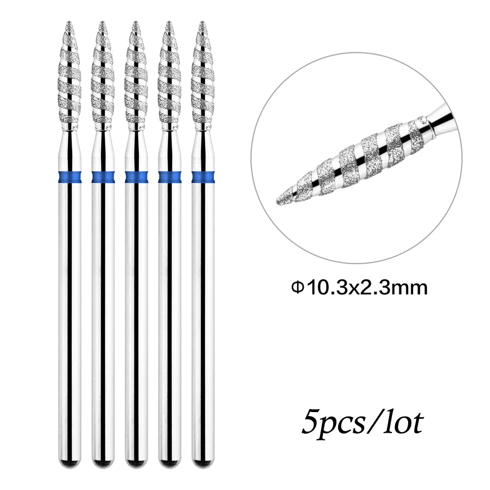 A set of five diamond nail drill bits, 10.3x2.3mm, for professional manicures.