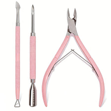 A set of professional stainless steel cuticle trimmers, including a long metal tool and a pair of pink-handled nippers.