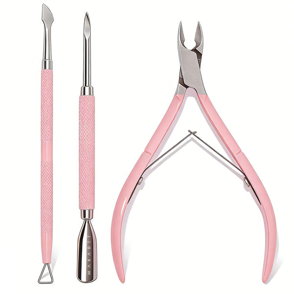A set of professional stainless steel cuticle trimmers, including a long metal tool and a pair of pink-handled nippers.