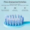 A close-up of a blue toothbrush with multiple fine, multicolored bristles arranged on the brush head.