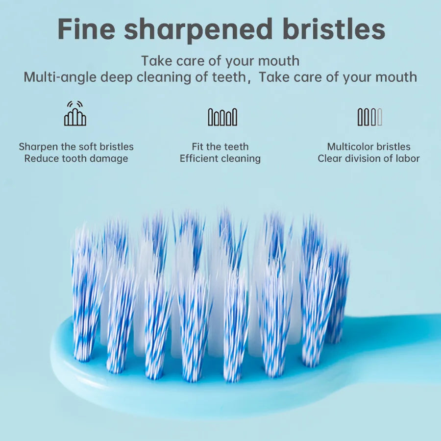 A close-up of a blue toothbrush with multiple fine, multicolored bristles arranged on the brush head.