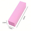 A pink rectangular nail buffer block with dimensions 2.3cm by 2.3cm and a height of 9.3cm.